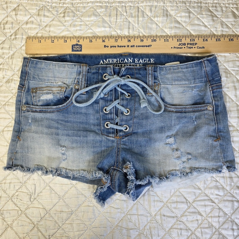 Y2K American Eagle Womens 4 Shortie Micro Tie Front Distressed Cutoff Shorts